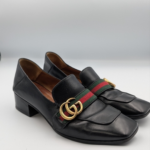 Gucci Peyton GG Web Stripe Loafers 39 / US 9 Black Leather Slip On Shoes - Picture 1 of 10